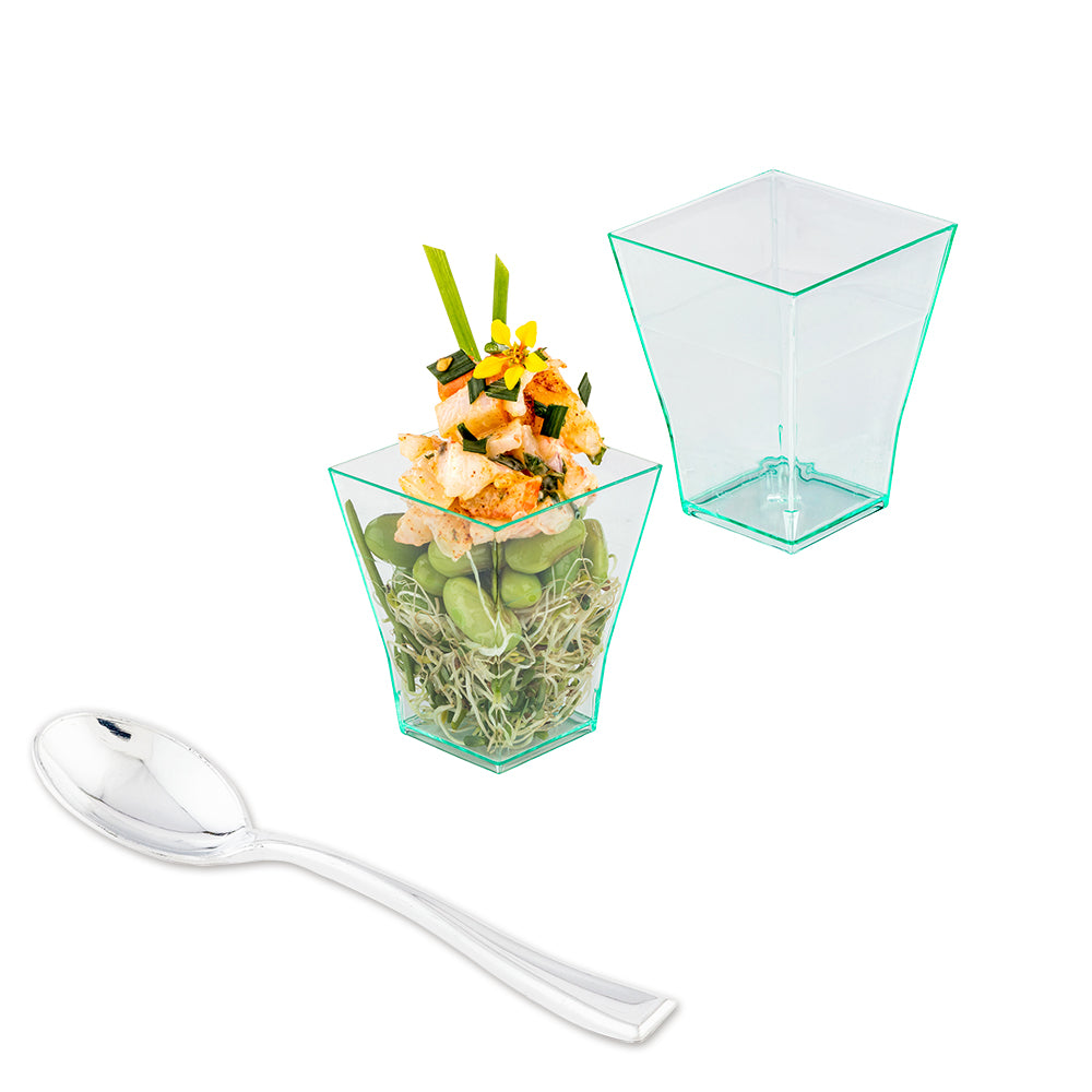 Mini Serve Bundle: 100 2 oz Square Seagreen Plastic Bonito Cups with 100 Silver Plastic 4" Mini Spoons
