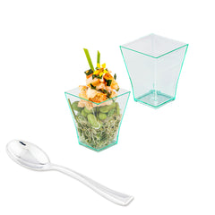 Mini Serve Bundle: 100 2 oz Square Seagreen Plastic Bonito Cups with 100 Silver Plastic 4