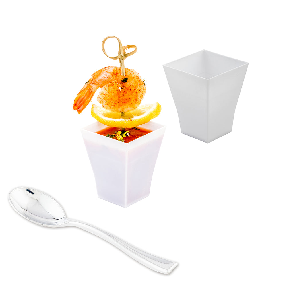 Mini Serve Bundle: 100 2 oz Square White Plastic Bonito Cups with 100 Silver Plastic 4" Mini Spoons