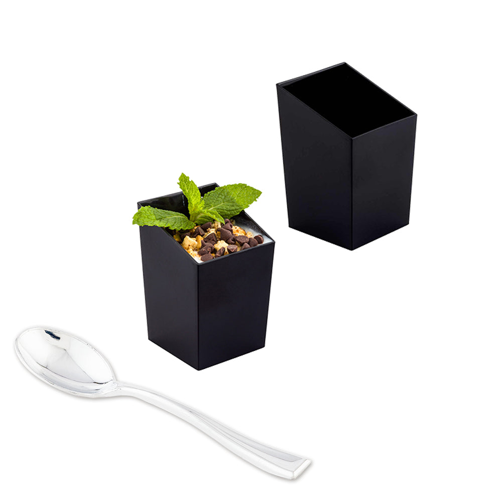 Mini Serve Bundle: 100 3 oz Square Black Plastic Incline Cups with 100 Silver Plastic 4" Mini Spoons