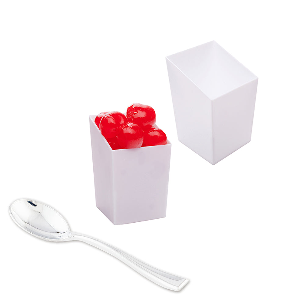 Mini Serve Bundle: 100 3 oz Square White Plastic Incline Cups with 100 Silver Plastic 4" Mini Spoons