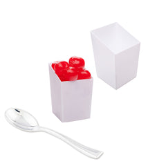 Mini Serve Bundle: 100 3 oz Square White Plastic Incline Cups with 100 Silver Plastic 4
