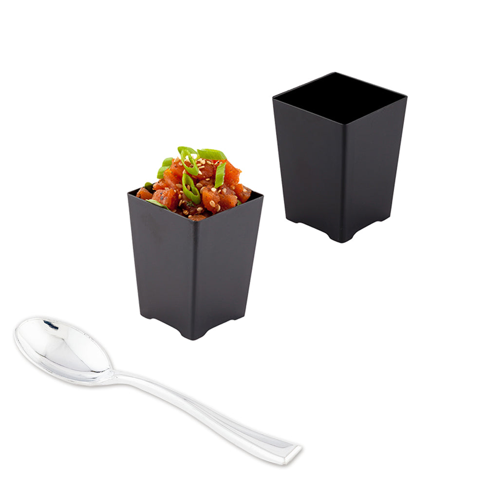 Mini Serve Bundle: 100 4 oz Square Black Plastic Tall Quadrato Cups with 100 Silver Plastic 4" Mini Spoons