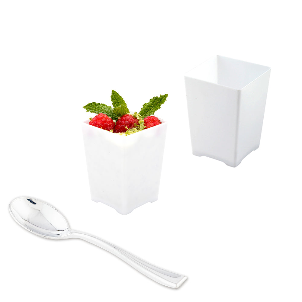 Mini Serve 100 4 oz Square White Plastic Tall Quadrato Cups and 100 Silver Plastic 4" Mini Spoons