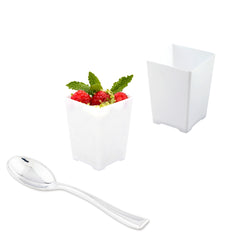 Mini Serve 100 4 oz Square White Plastic Tall Quadrato Cups and 100 Silver Plastic 4