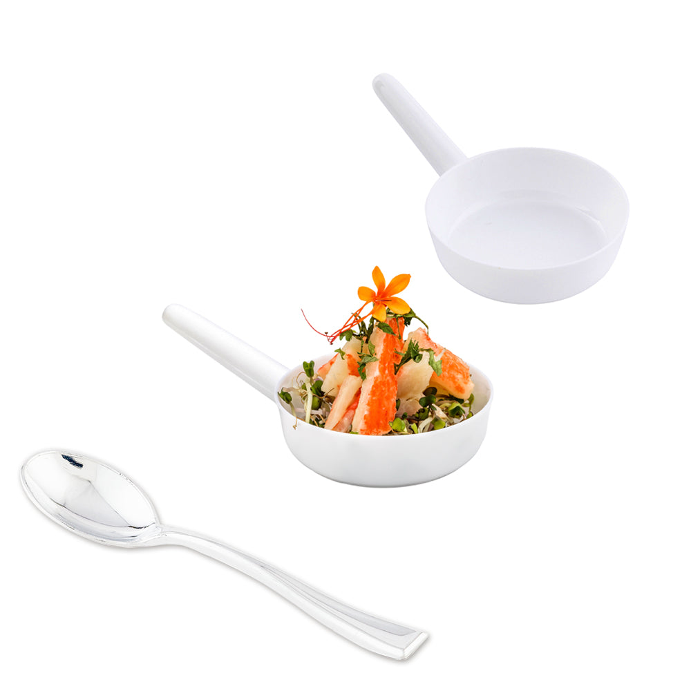 Mini Serve 100 1 oz Round White Plastic Mini Sauce Pans and 100 Silver Plastic 4" Mini Spoons