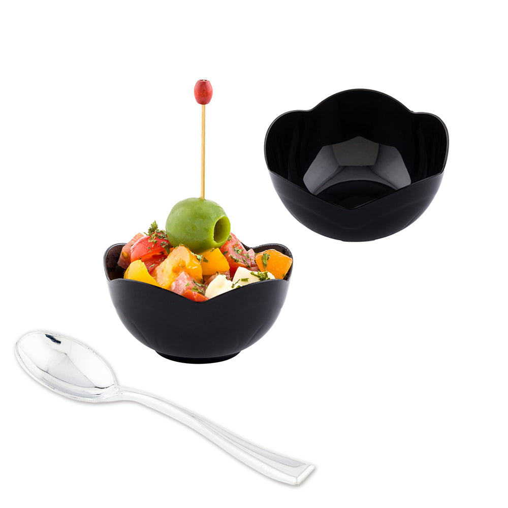 Mini Serve 100 2 oz Round Black Plastic Le Fleur Cups and 100 Silver Plastic 4" Mini Spoons
