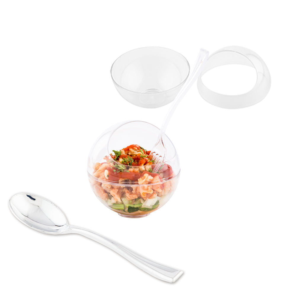 Mini Serve 100 3 oz Round Clear Plastic Balloon Bowls and 100 Silver Plastic 4" Mini Spoons