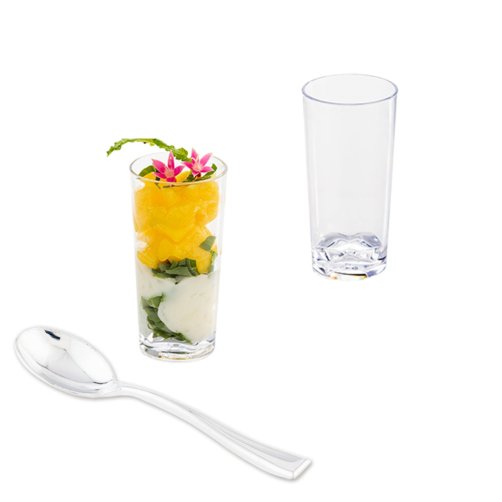 Mini Serve 100 2 oz Round Clear Plastic Cannello Shot Glass and 100 Silver Plastic 4" Mini Spoons