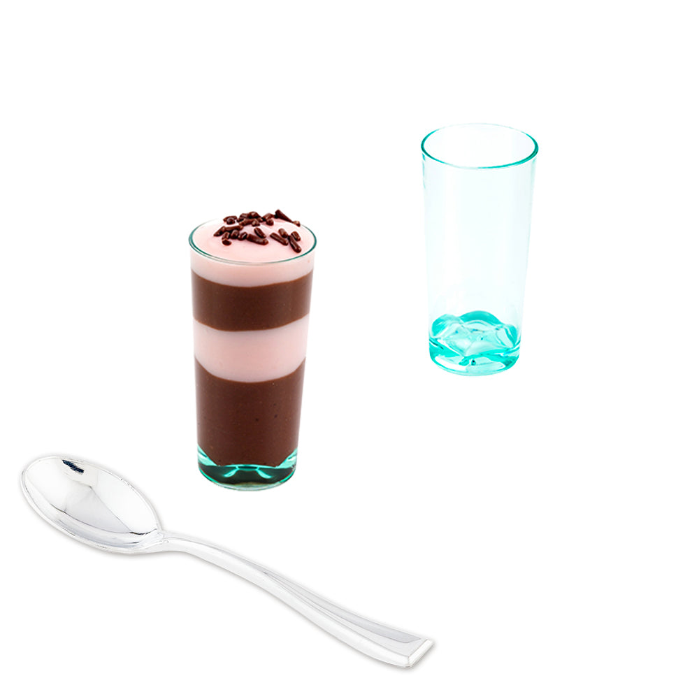 Mini Serve 100 2 oz Round Seagreen Plastic Cannello Shot Glass and 100 Silver Plastic 4" Mini Spoons