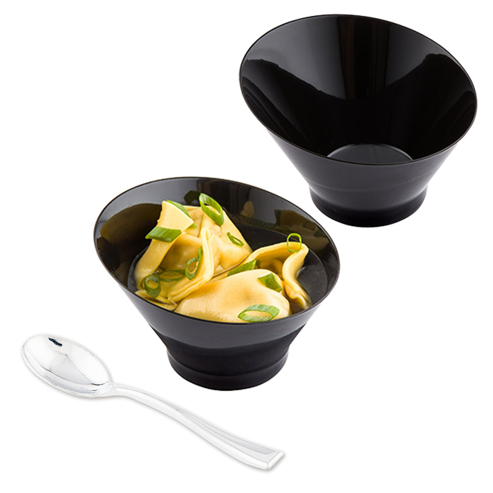 Mini Serve 100 7 oz Round Black Plastic Incline Bowls and 100 Silver Plastic 4" Mini Spoons