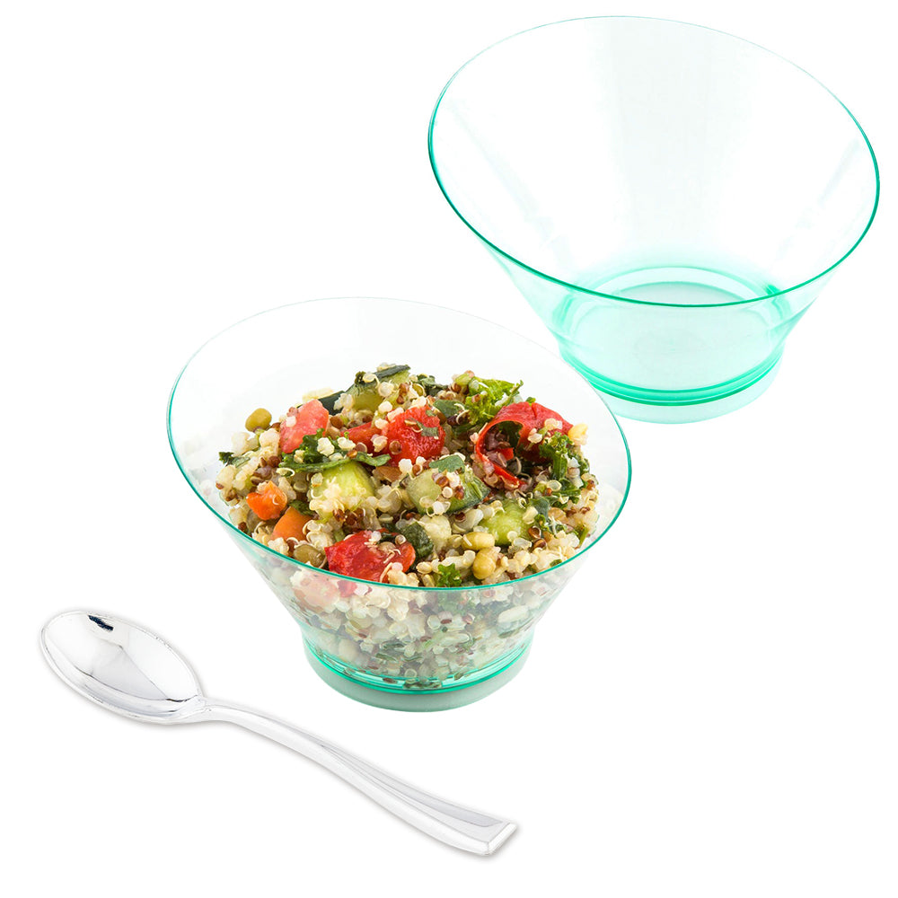 Mini Serve 100 7 oz Round Seagreen Plastic Incline Bowls and 100 Silver Plastic 4" Mini Spoons