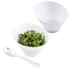 Mini Serve 100 7 oz Round White Plastic Incline Bowls and 100 Silver Plastic 4