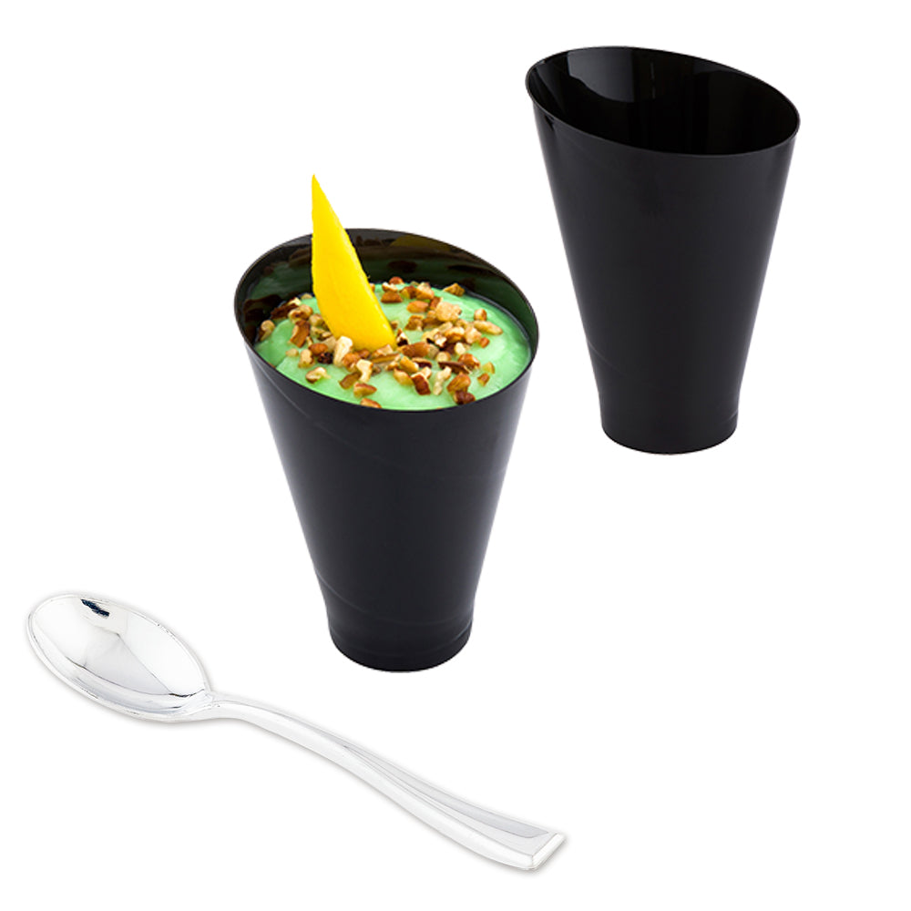 Mini Serve 100 7 oz Round Black Plastic Incline Glass and 100 Silver Plastic 4" Mini Spoons