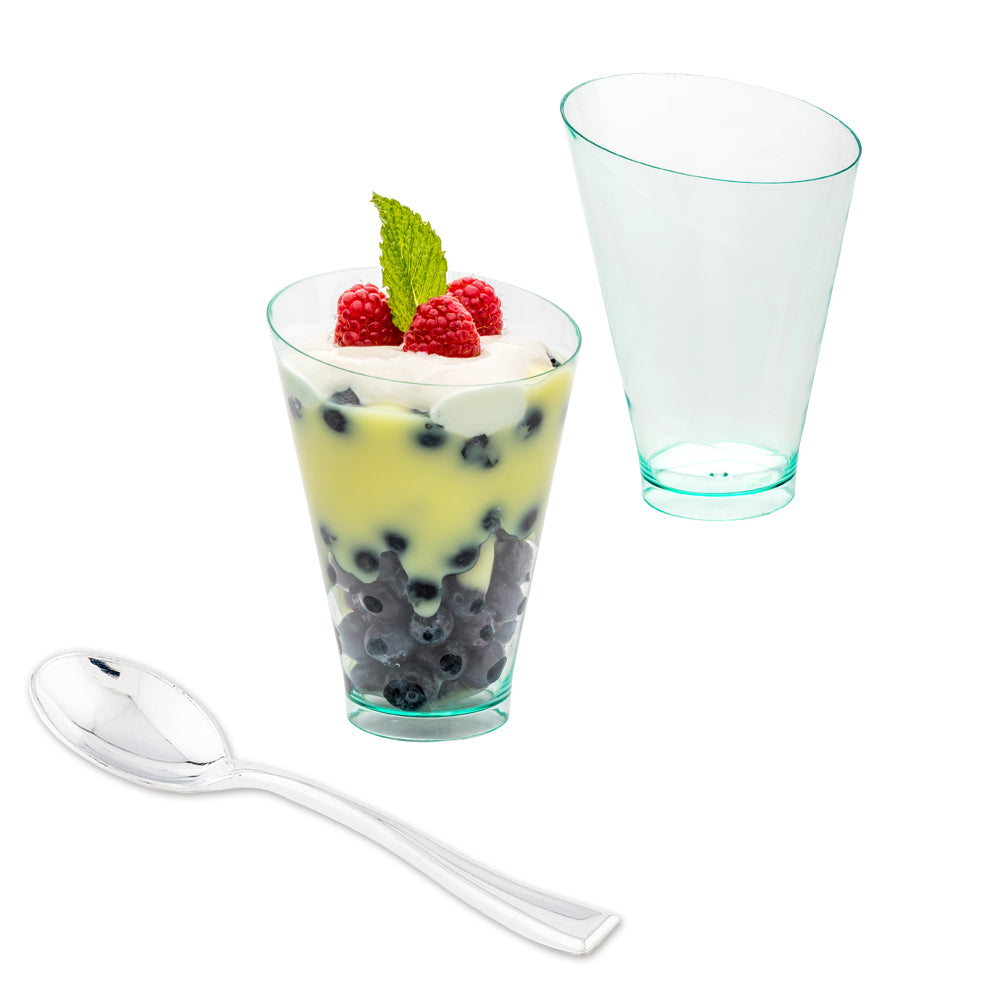 Mini Serve 100 7 oz Round Seagreen Plastic Incline Glass and 100 Silver Plastic 4" Mini Spoons