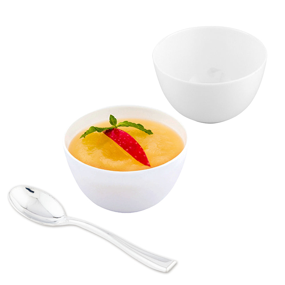 Mini Serve 100 4 oz Round White Plastic Bodega Cups and 100 Silver Plastic 4" Mini Spoons