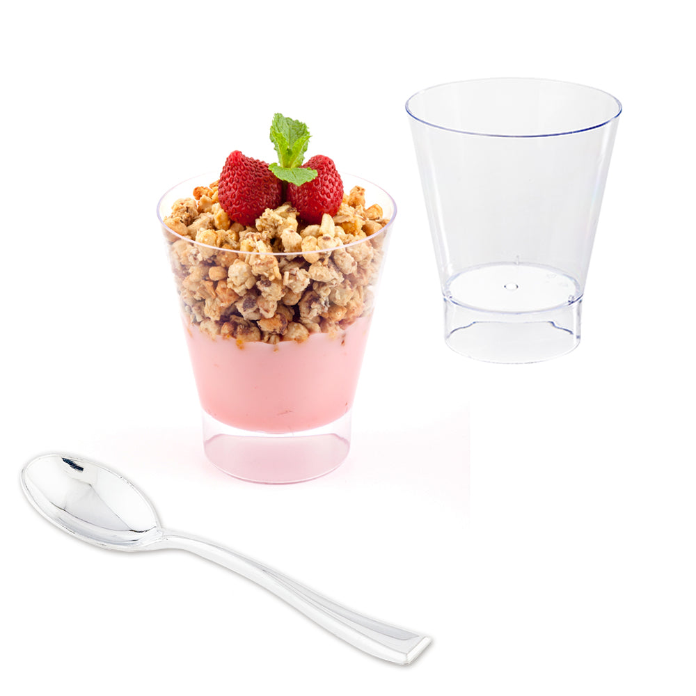 Mini Serve 100 7 oz Round Clear Plastic Large Parfait Glass and 100 Silver Plastic 4" Mini Spoons