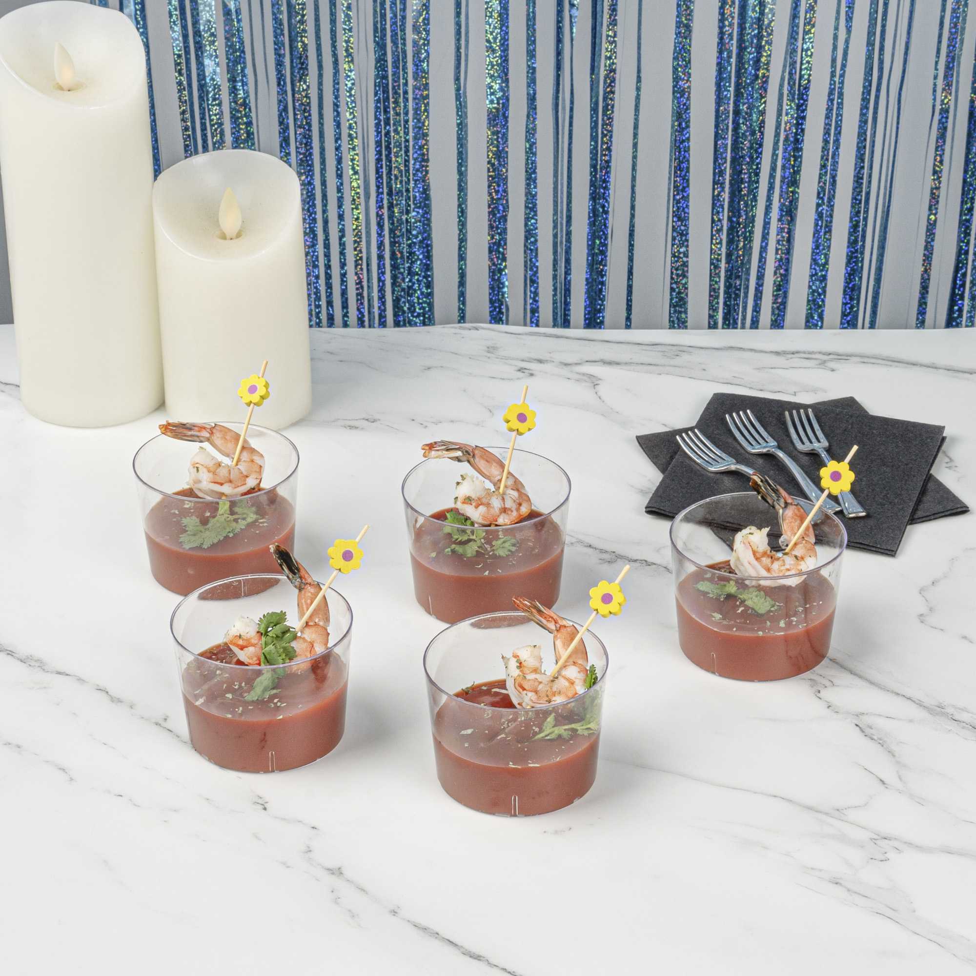 Mini Serve 100 6 oz Round Clear Plastic Cylindro Cups and 100 Silver Plastic 4" Mini Spoons