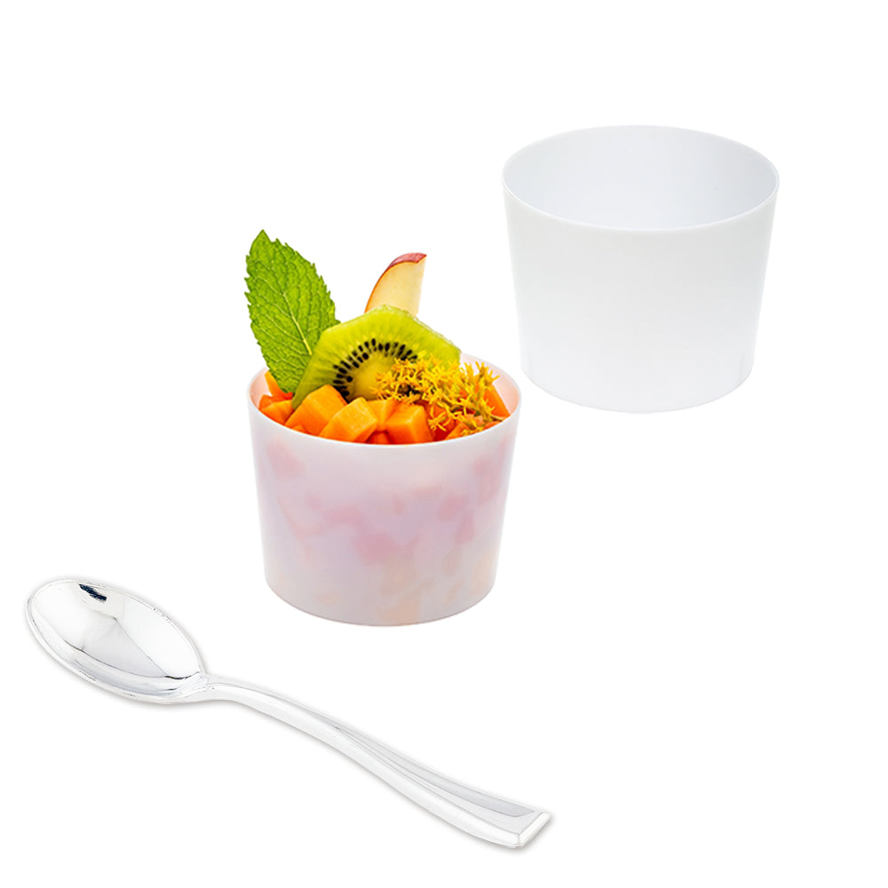 Mini Serve 100 6 oz Round White Plastic Cylindro Cups and 100 Silver Plastic 4" Mini Spoons