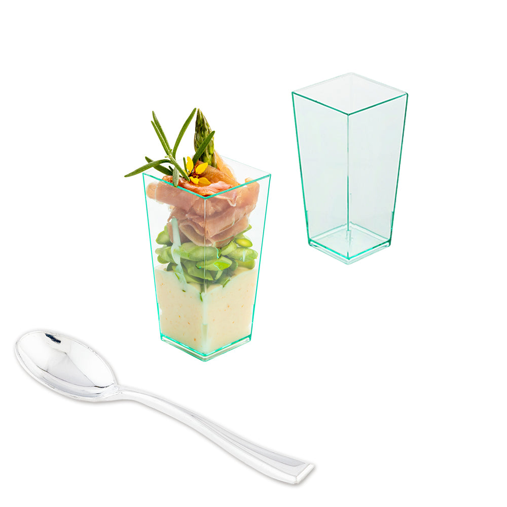 Mini Serve 100 4 oz Square Seagreen Plastic Tall Geometric Cups and 100 Silver Plastic 4" Mini Spoons