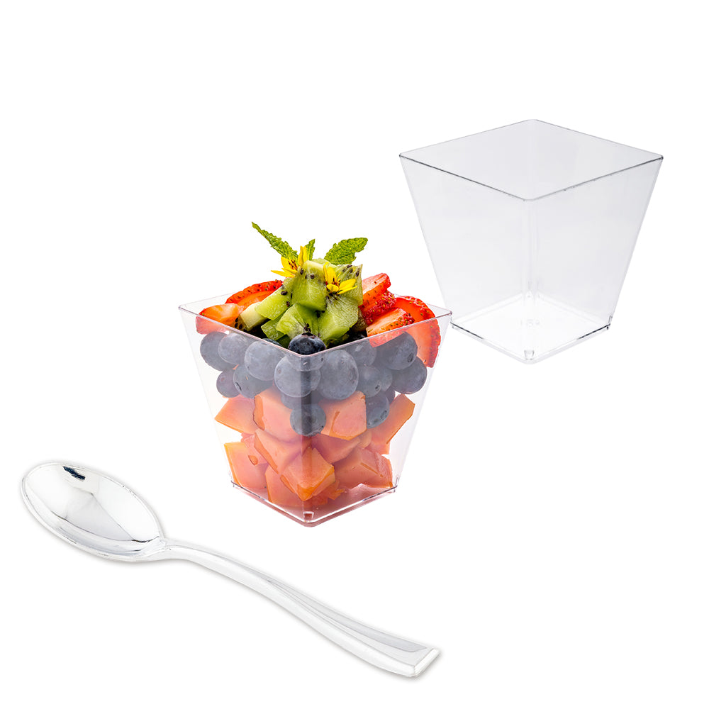 Mini Serve 100 8 oz Square Clear Plastic Large Kova Cups and 100 Silver Plastic 4" Mini Spoons