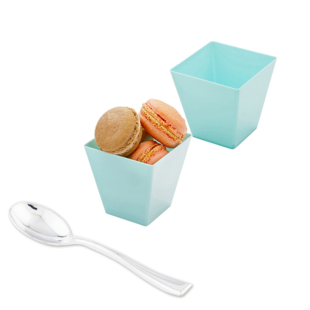 Mini Serve 100 8 oz Square Baby Blue Plastic Large Kova Cups and 100 Silver Plastic 4" Mini Spoons