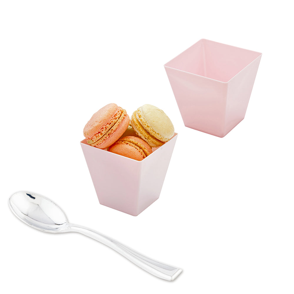 Mini Serve 100 8 oz Square Powder Pink Plastic Large Kova Cups and 100 Silver Plastic 4" Mini Spoons