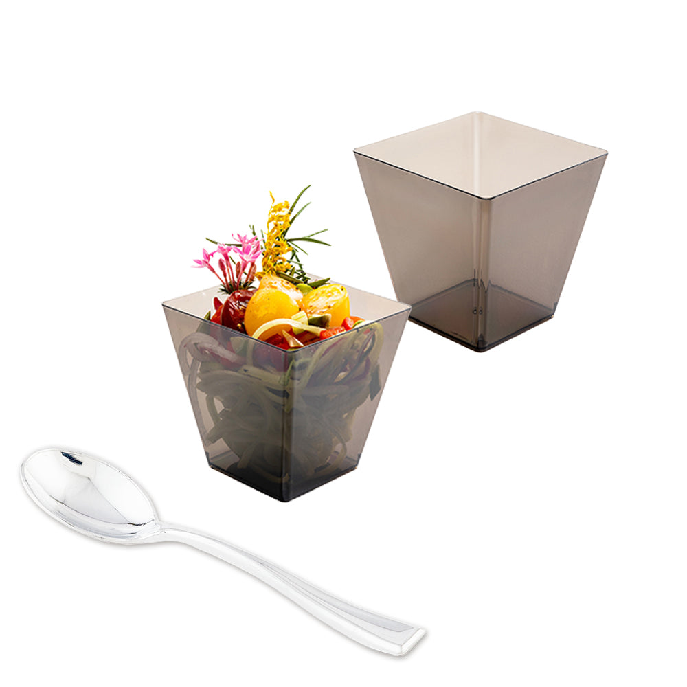 Mini Serve 100 8 oz Square Smoked Gray Plastic Large Kova Cups and 100 Silver Plastic 4" Mini Spoons