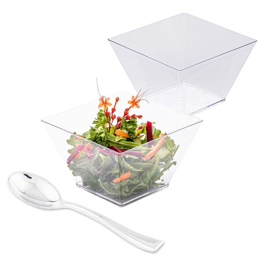 Mini Serve 100 16 oz Square Clear Plastic Large Kova Bowls and 100 Silver Plastic 4" Mini Spoons