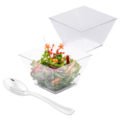Mini Serve 100 16 oz Square Clear Plastic Large Kova Bowls and 100 Silver Plastic 4
