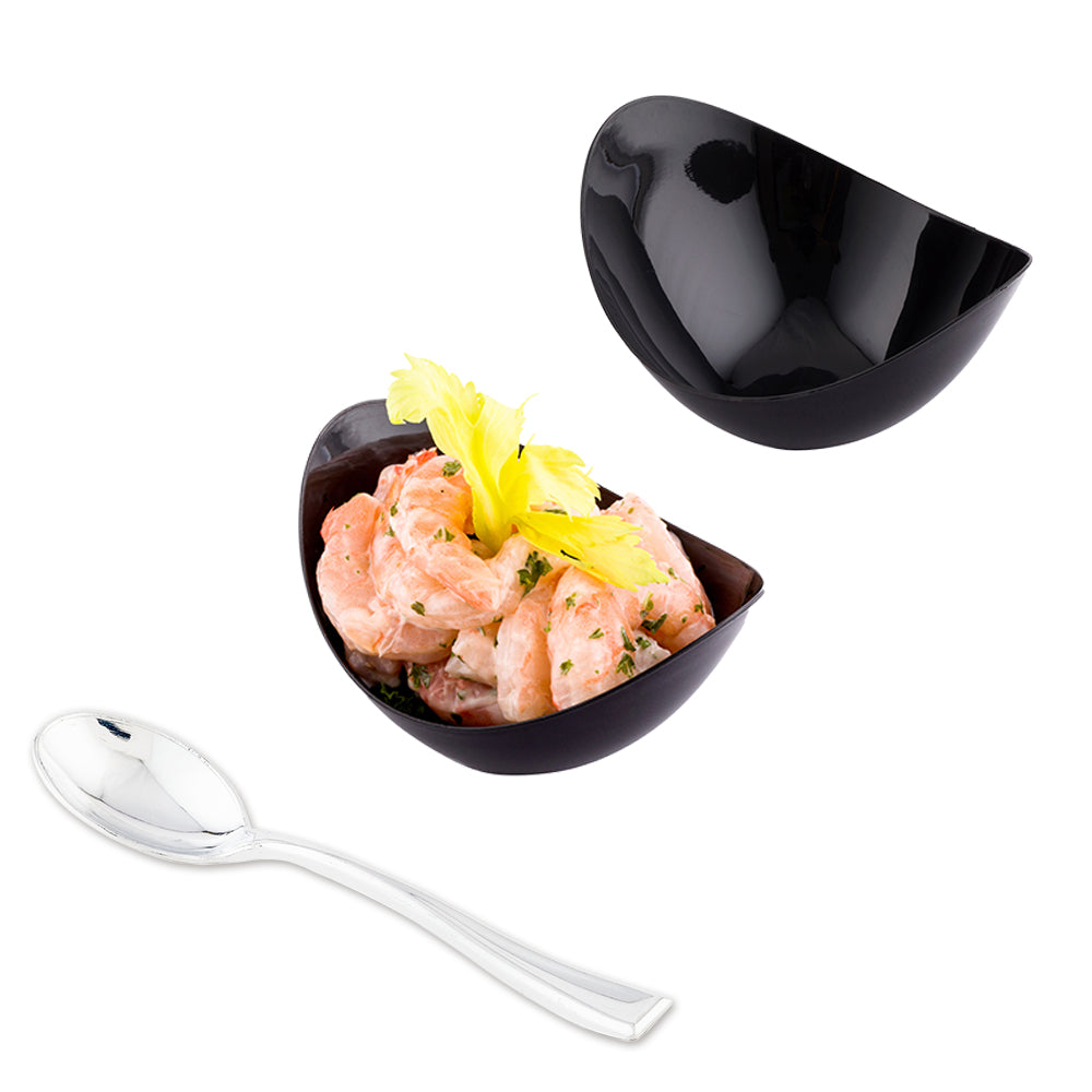 Mini Serve 100 2 oz Oval Black Plastic Alato Tasting Dish and 100 Silver Plastic 4" Mini Spoons