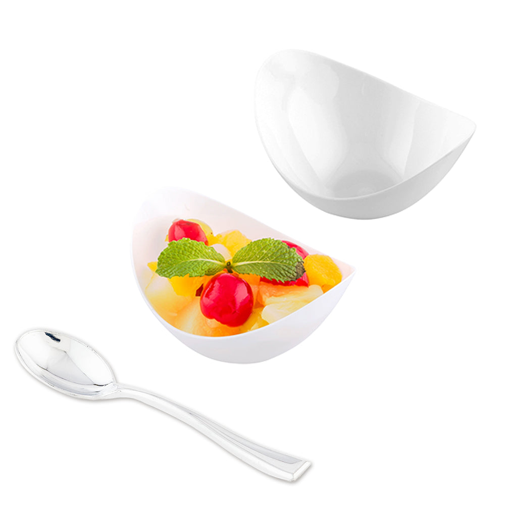 Mini Serve 100 2 oz Oval White Plastic Alato Tasting Dish and 100 Silver Plastic 4" Mini Spoons