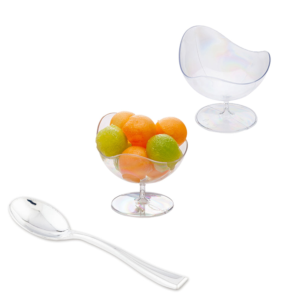 Mini Serve 100 2 oz Round Clear Plastic Ball Chairs and 100 Silver Plastic 4" Mini Spoons