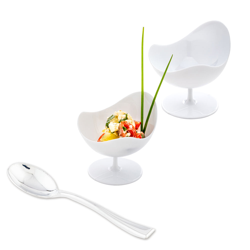 Mini Serve 100 2 oz Round White Plastic Ball Chairs and 100 Silver Plastic 4" Mini Spoons