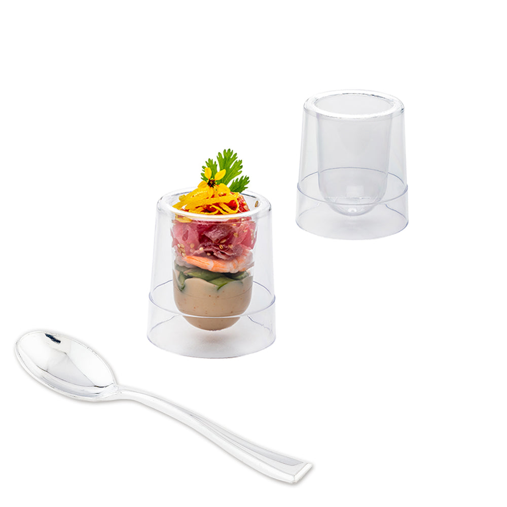 Mini Serve 100 2 oz Round Clear Plastic Double Walled Cups and 100 Silver Plastic 4" Mini Spoons