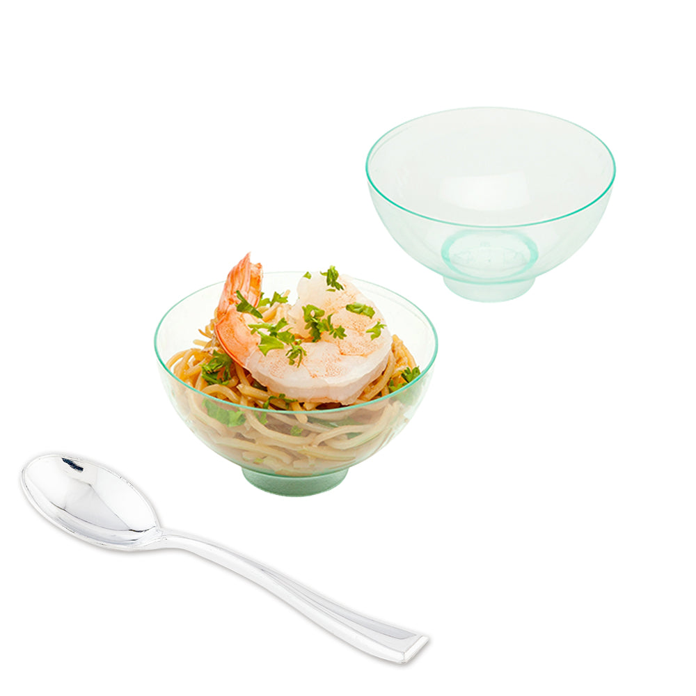 Mini Serve 100 2 oz Round Seagreen Plastic Coppa Bowls and 100 Silver Plastic 4" Mini Spoons