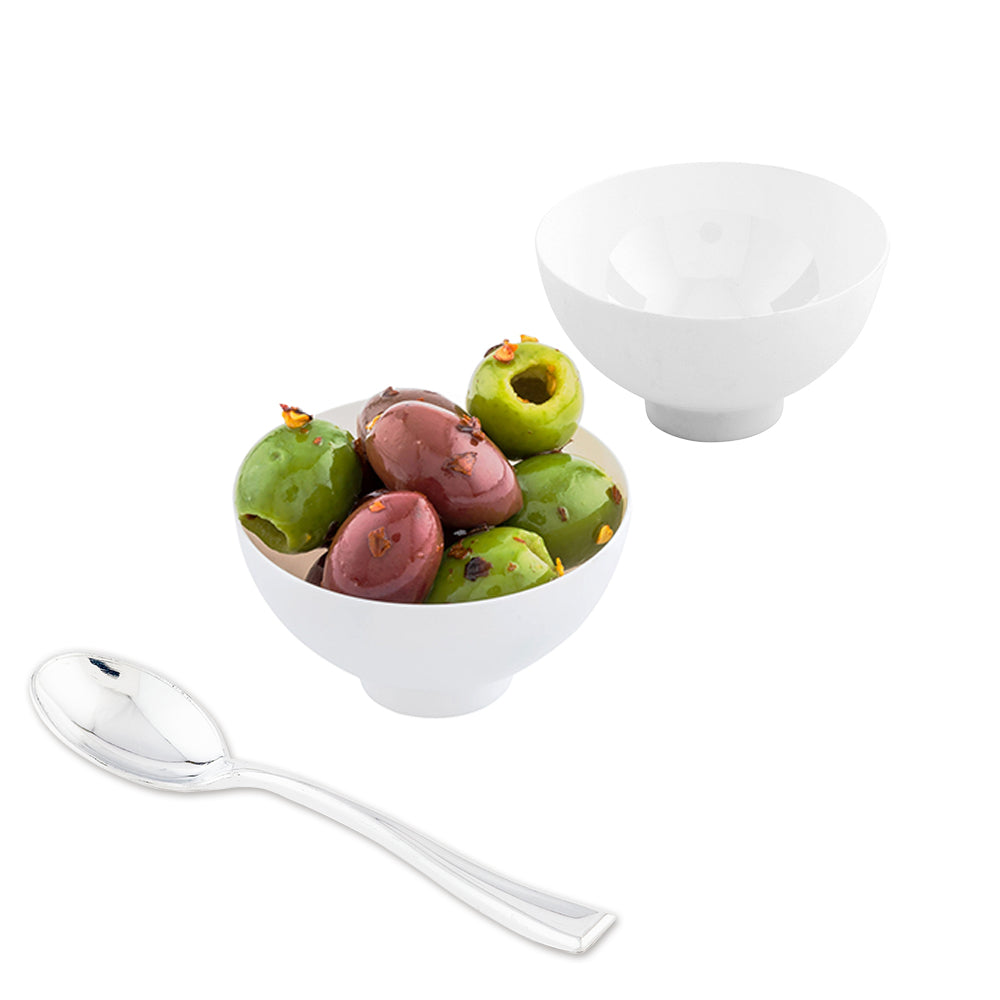 Mini Serve 100 2 oz Round White Plastic Coppa Bowls and 100 Silver Plastic 4" Mini Spoons