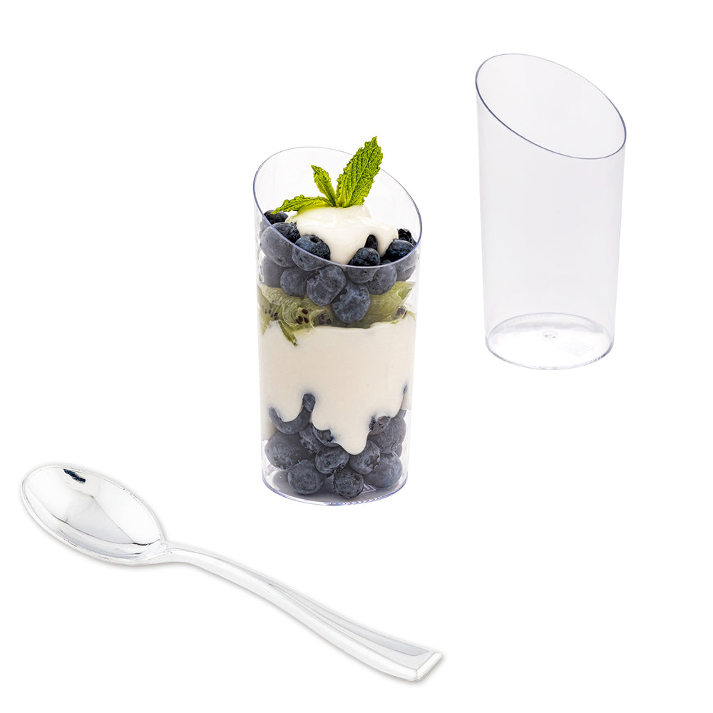 Mini Serve 100 5 oz Round Clear Plastic Large Incline Tube Glass and 100 Silver Plastic 4" Mini Spoons