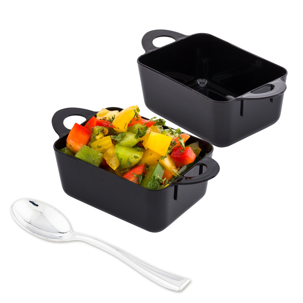 Maxi Serve 100 3 oz Rectangle Black Plastic Cocottes and 100 Silver Plastic 4" Mini Spoons