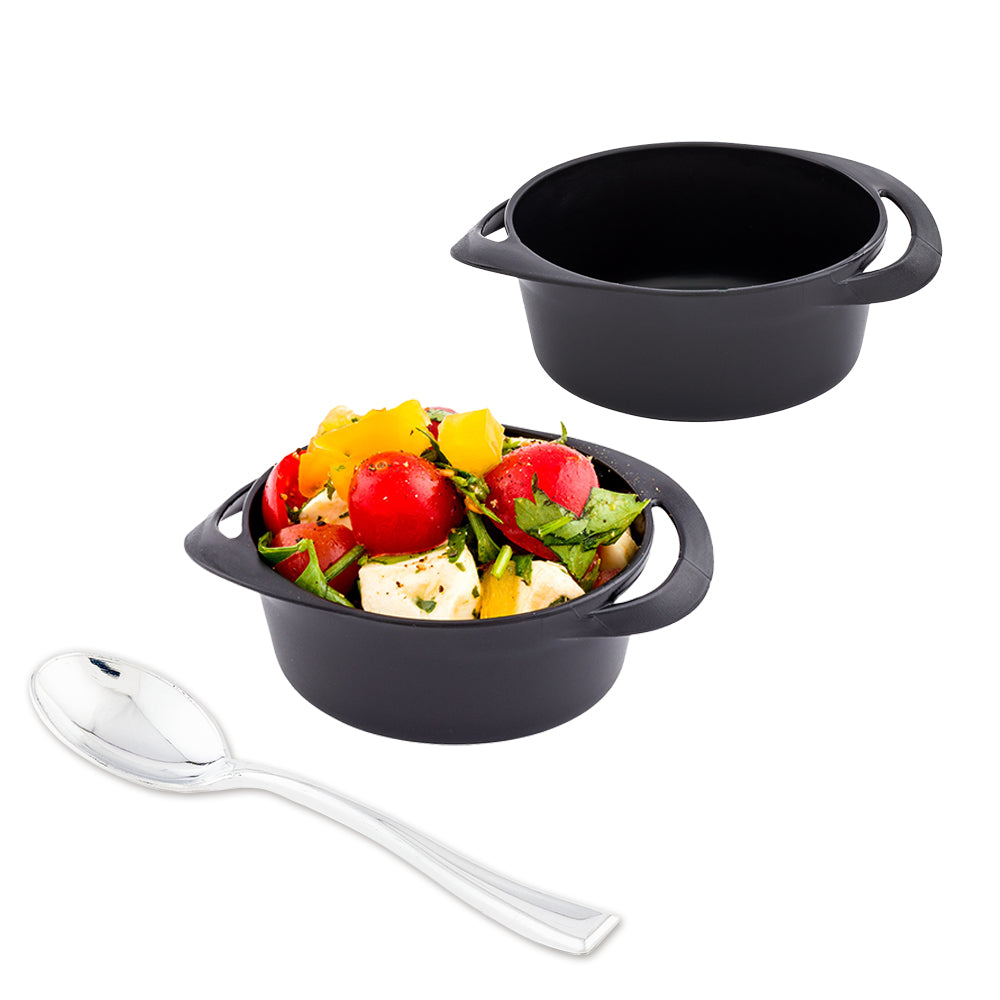 Mini Serve 100 3 oz Round Black Plastic Mini Infinity Pots and 100 Silver Plastic 4" Mini Spoons