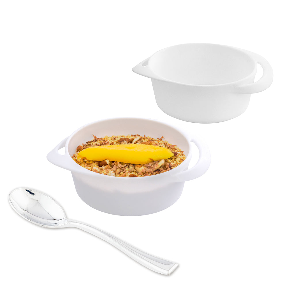 Mini Serve 100 3 oz Round White Plastic Mini Infinity Pots and 100 Silver Plastic 4" Mini Spoons