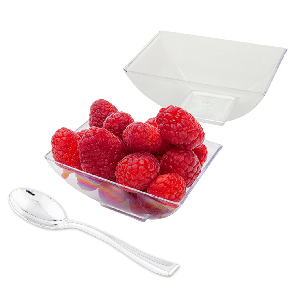Mini Serve 100 3 oz Rectangle Clear Plastic Small Architetto Bowls and 100 Silver Plastic 4" Mini Spoons