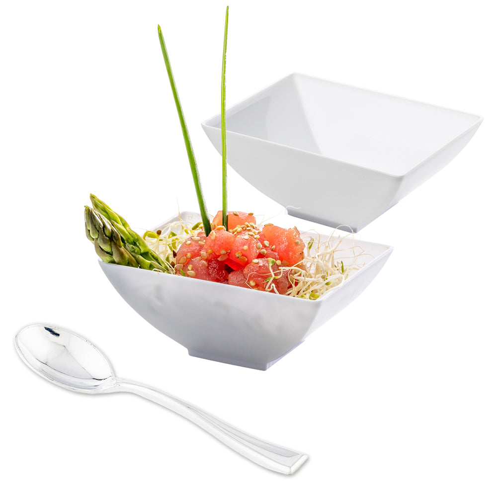 Mini Serve 100 3 oz Rectangle White Plastic Small Architetto Bowls and 100 Silver Plastic 4" Mini Spoons