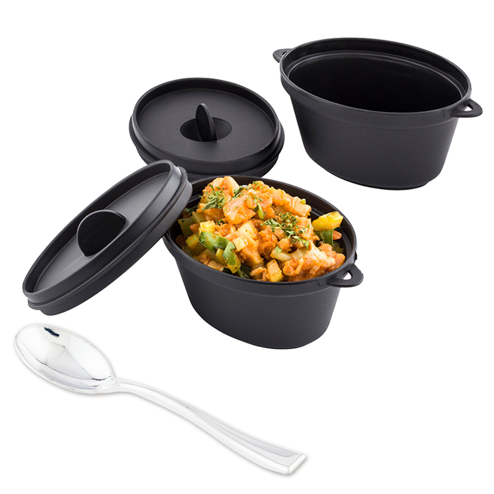Mini Serve 100 3 oz Oval Black Plastic Mini Kettle Dish and 100 Silver Plastic 4" Mini Spoons
