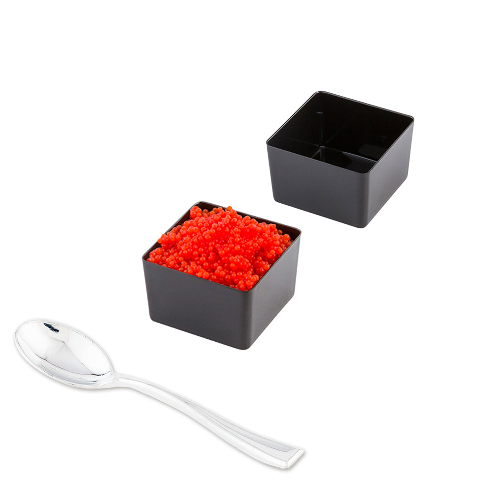 Mini Serve 100 2 oz Square Black Plastic Short Quadrato Cups and 100 Silver Plastic 4" Mini Spoons
