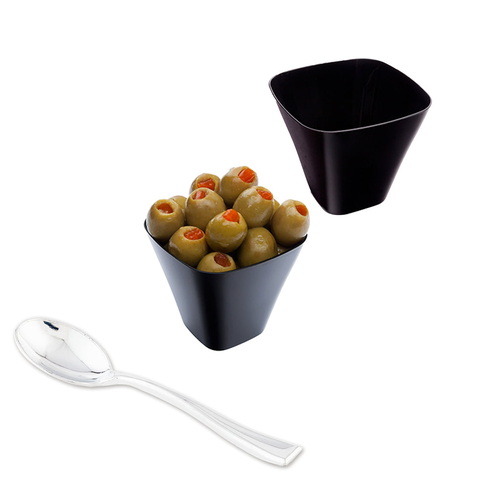Mini Serve 100 4 oz Square Black Plastic Bellissima Tasting Cups and 100 Silver Plastic 4" Mini Spoons