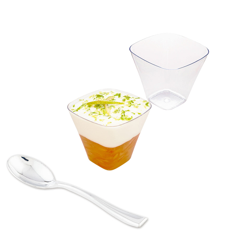 Mini Serve 100 4 oz Square Clear Plastic Bellissima Tasting Cups and 100 Silver Plastic 4" Mini Spoons
