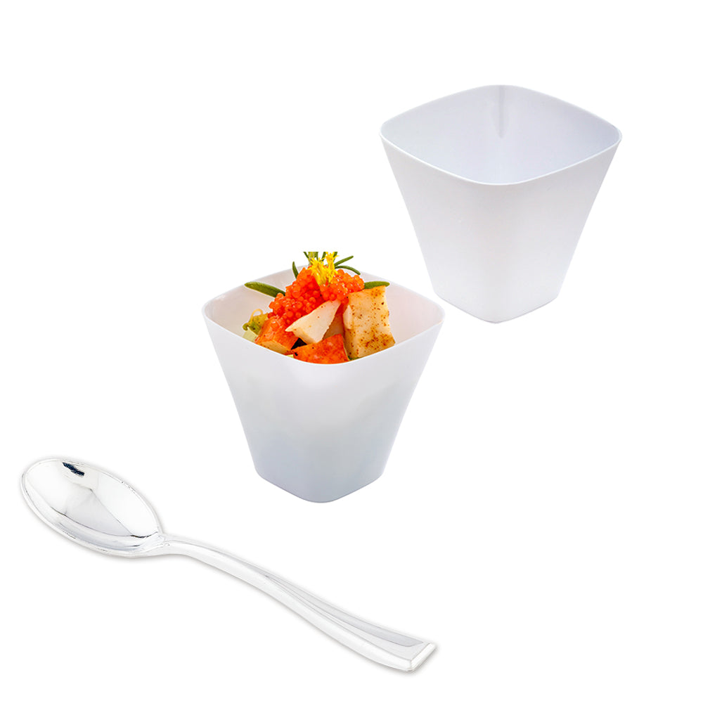 Mini Serve 100 4 oz Square White Plastic Bellissima Tasting Cups and 100 Silver Plastic 4" Mini Spoons