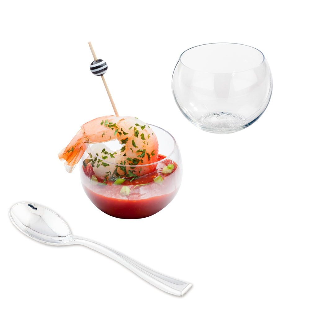 Mini Serve 100 2 oz Sphere Clear Plastic Cups and 100 Silver Plastic 4" Mini Spoons