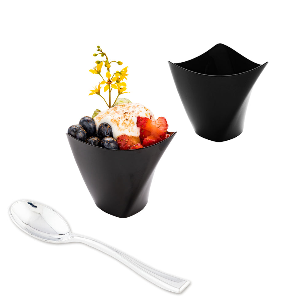 Mini Serve 100 4 oz Black Plastic Mini Crescendo Cups and 100 Silver Plastic 4" Mini Spoons